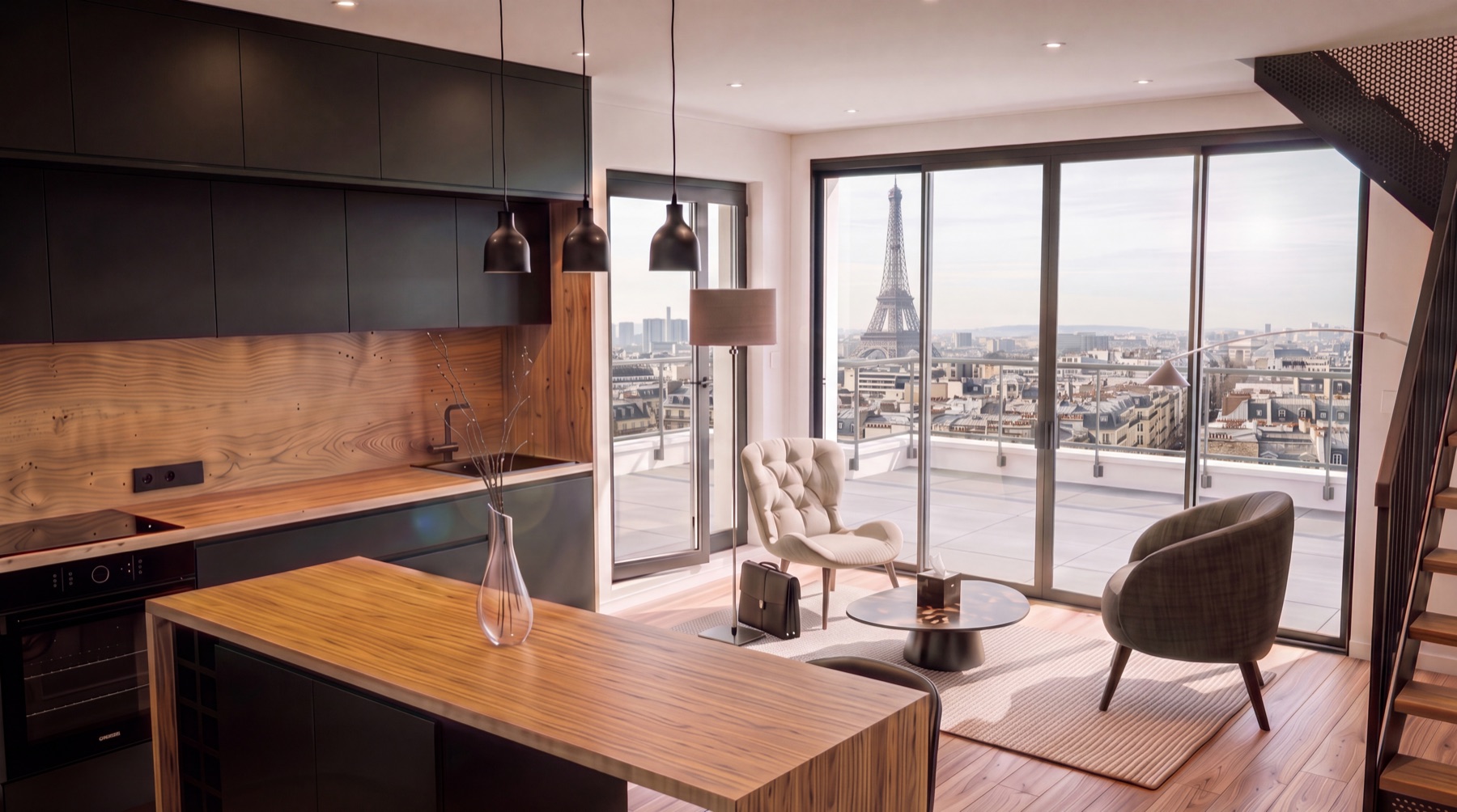 Après : salon et cuisine aménagés et meublés par l'IA, vue sur la Tour Eiffel