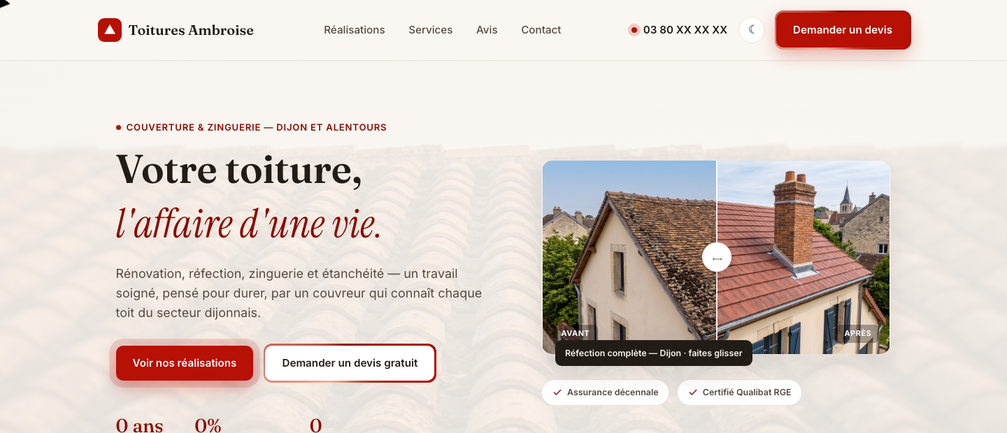 Maquette du site Toitures Ambroise, couverture et zinguerie